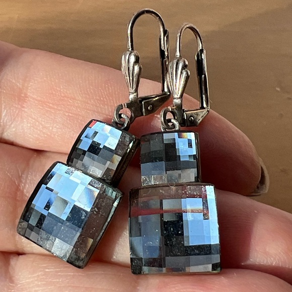 VINTAGE ANNE KOPLIK DESIGN MIRRORED FACETED GLASS DROP DANGLE EARRINGS LEVERBACK - Picture 15 of 16